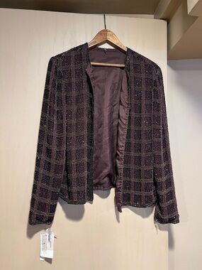 Vintage Dark Brown Open-Front Beaded Jacket